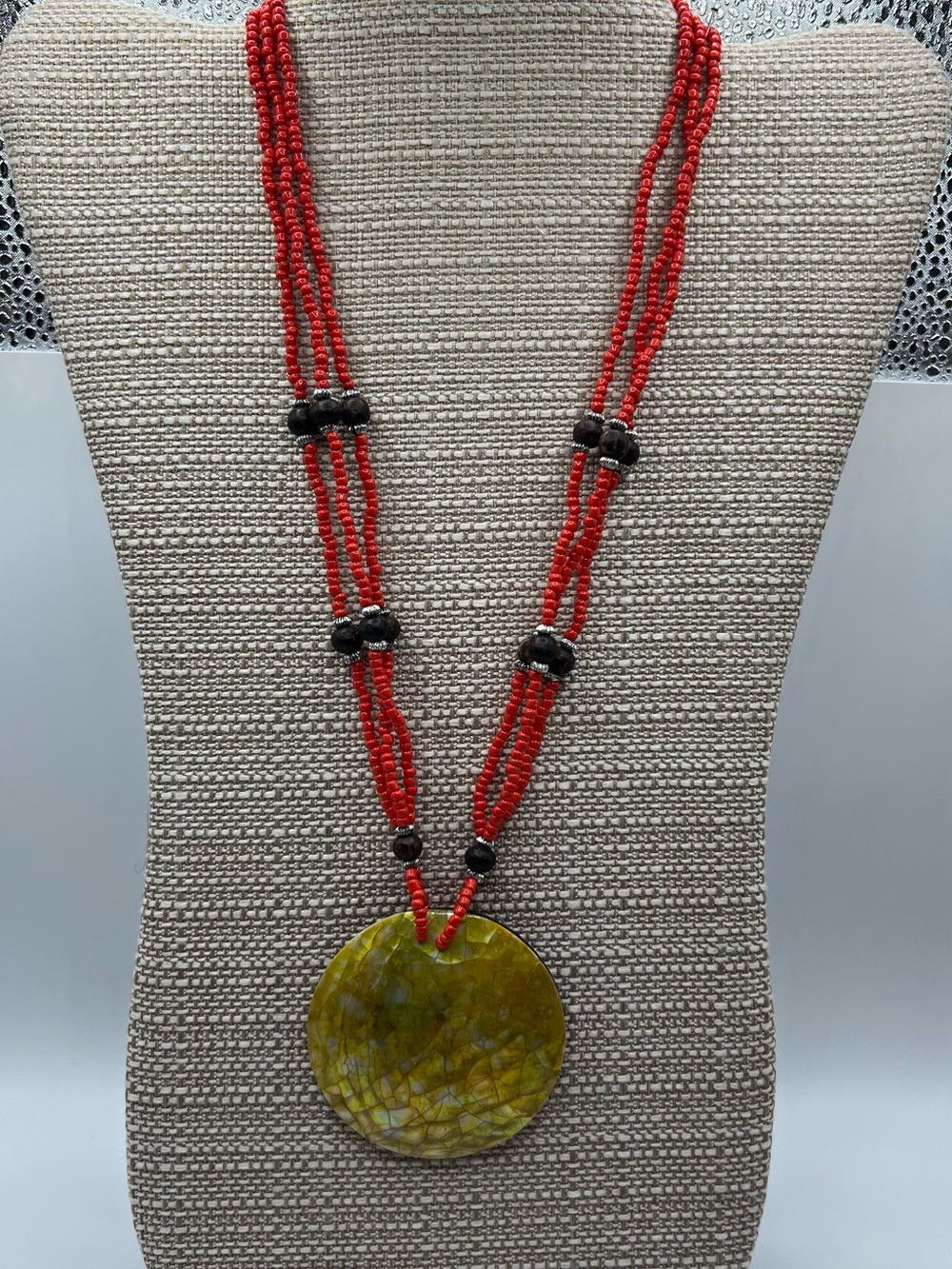 Red Beaded Necklace with Yellow Shell Pendant